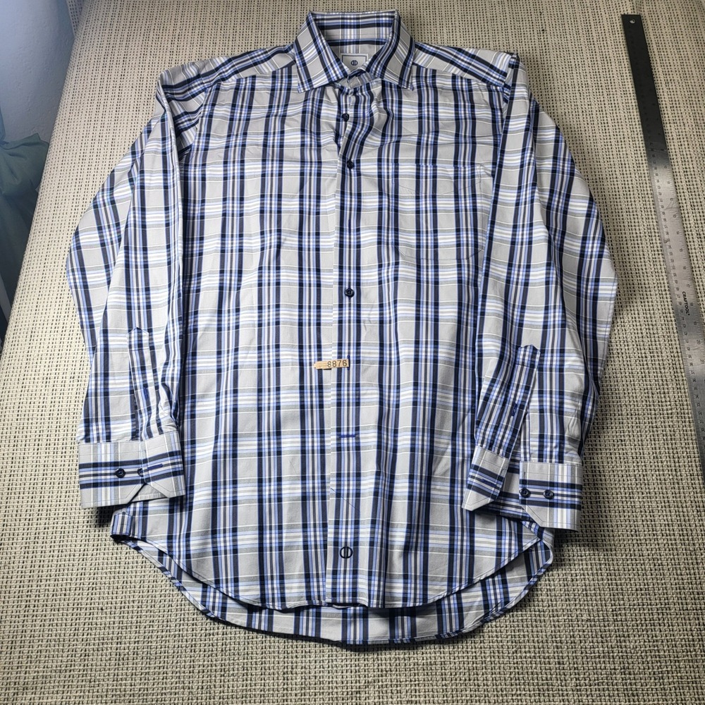 David Donahue Shirt Mens L Blue Grey Plaid Cotton Long Sleeve Button Down Spread